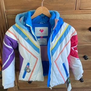 Girls ski jacket.  White with purple, pink, blue and yellow.